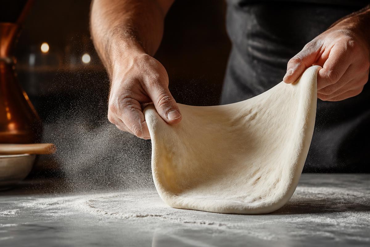 Ruke pizzaiola razvlače testo za pizzu na pobrašnjenoj radnoj površini