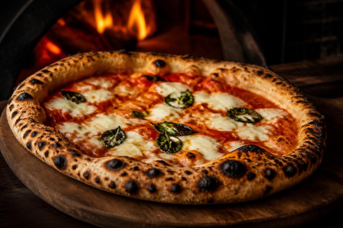 Napolitana pizza sa leopard korom, sveža iz krušne peći